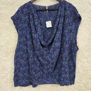 Free People Shirt Womens Small Blue Lace Floral Draped Cowl Neck